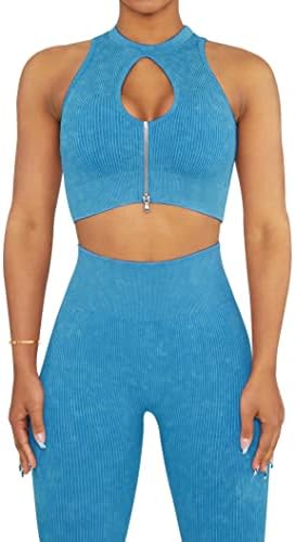 طقم تدريب للسيدات من OLCHEE مكون من قطعتين – سلس مضلع بحمض غسل ملابس اليوغا والسراويل الضيقة وفتحة المفتاح بسحاب علوي حمالة صدر رياضية ملابس طقم تدريب للسيدات من OLCHEE مكون من قطعتين – سلس مضلع بحمض غسل ملابس اليوغا والسراويل الضيقة وفتحة المفتاح بسحاب علوي حمالة صدر رياضية ملابس