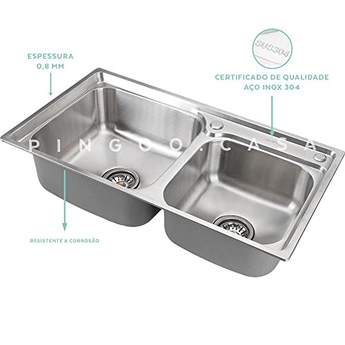 Pingoo.Casa, Kit Cuba para Cozinha com Acessórios, Pia Dupla, Gourmet, Aço Inox 201, 78x43cm Potigua