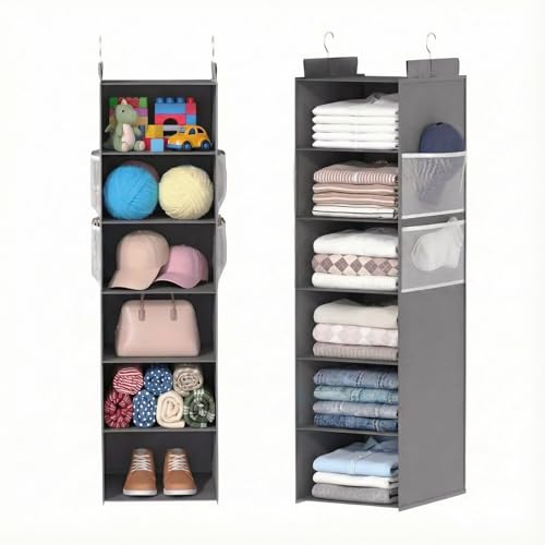 ALLTIDYUP Extra Deep Hanging Closet Organizer with 6 Shelves and Oversized Mesh Pockets, Heavy-Duty Structure, No Deformation, Max Storage for Clothes, Shoes, Hats, Dorms and RVs, Grey,1-Pack