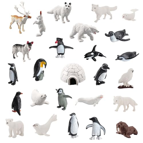 LANSKYLAN 26 Pcs Figurine Animaux Polaire Figurines Miniatures Marins en Plastique Figurine Animaux Banquise Petite Animaux Miniature Réaliste en Renard Loup Baleine Pingouin pour Déco de Noël Cadeau