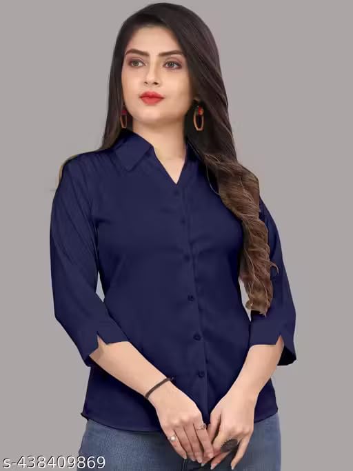 Image of Women's Cotton Blend Solid Formal Shirt with 3 /4 Sleeves-Navy Blue P4