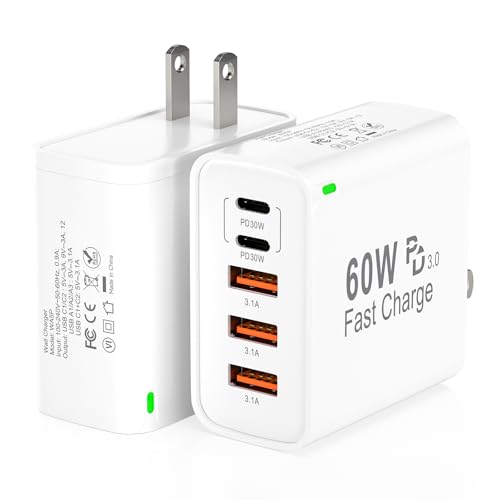 2Pack USB C Fast Charger Block, 60W 5-Port USB C Wall Charger 30W Type C Charging Block, 2USB C+3USB A PPS/PD 3.0 Multiport Charging Cube for iPhone 17 16 15 14 Pro Max,for Galaxy S25 S24 Ultra, i Pad