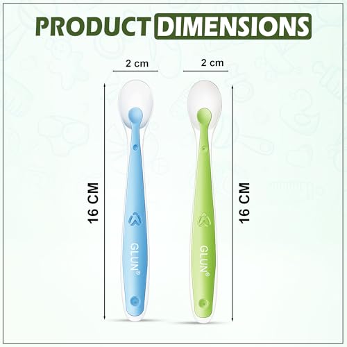 Image of GLUN Baby Feeding Spoons Pack of 2 Green & Blue Colour, BPA Free, Feeding for Baby, Toddlers, & Children, Silicone Spoon