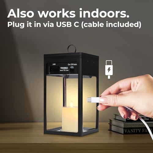 Image of TECHKO Solar Candle Modern Hanging Lantern with Dusk to Dawn Feature - Waterproof LED Flickering Flameless Candle, Decorative Outdoor Garden Lights for Table, Patio, Pathway, Yard
