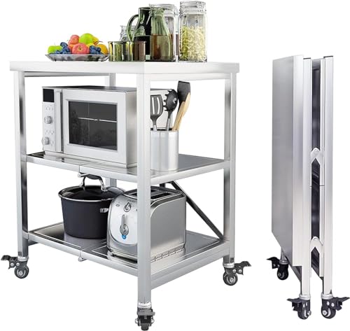 Carrito utilitario plegable de acero inoxidable, carrito rodante de 3 niveles con ruedas de bloqueo, almacenamiento resistente para cocina, oficina, baño, fácil de montar y mover