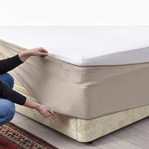 Bed Wrap FAUX SUEDE Divan Bed Base Wrap Valance Sheet COVER Alternative to Traditional Valance Sheet Fully Elasticated Skirt Easy To Fit - Wraps Itself Around The Base Of Bed Frame (Beige, Single)