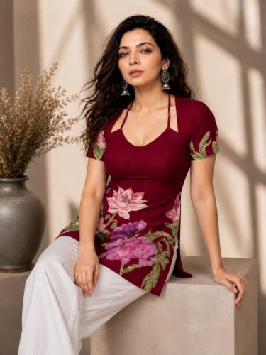 Image of Women's Floral Laila Cut Short Kurti Cotton V-Neck with Lining, Lightweight Short Sleeve Tunic, Breathable, Casual & Office Wear