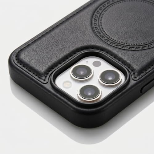 Image of amazon basics Premium PU Leather Case for iPhone 13 Pro, MagSafe Compatible Magnetic Ring, Sleek Protective Back Cover - [Black]