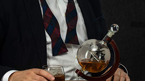 Etched World Decanter whiskey Globe - The Wine Savant Whiskey Gift Set Globe Decanter with Antique Airplane, Whiskey Stones and 2 World Map Glasses, Pilot Gift - Alcohol Related Gift, HOME BAR DÉCOR