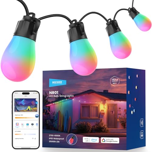 Image of NEEWER 48ft Outdoor String Lights, App Control Smart AI RGBW Hanging, NR01 | Outside Patio Balcony Backyard Holiday Lighting, IP65 Waterproof, 15 LED Bulbs, 50+ Scenes, Compatible with Alexa Google