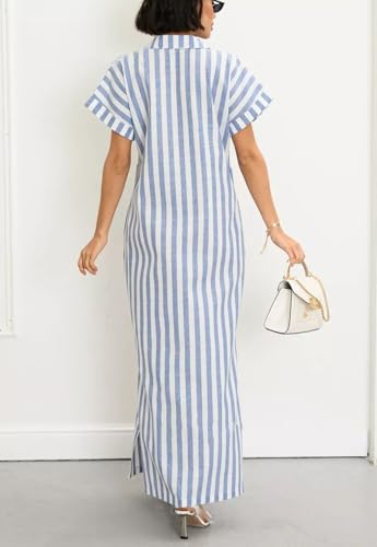 chouyatou Women's Summer Short Sleeve Striped Shirt Dress Beach Maxi Long Belted Casual Button Down Dress2