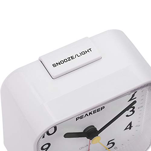 Image of Peakeep Small Battery Operated Analog Travel Alarm Clock Silent | No Ticking, Lighted on Demand and Snooze, Beep Sounds, Gentle Wake, Ascending Alarm, Easy Set (White)