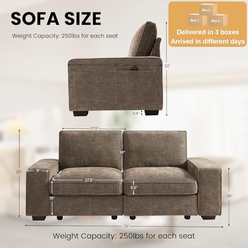 Image of TEKAMON 73 inch Modular Sofa Couch with Seat Storage, Comfy 2-Seater Chenille Fabric Loveseat Sofa for Living Room, Office, Apartment W /Deep Seat, Wide Armrest, USB Charing Removable Cover(Brown)