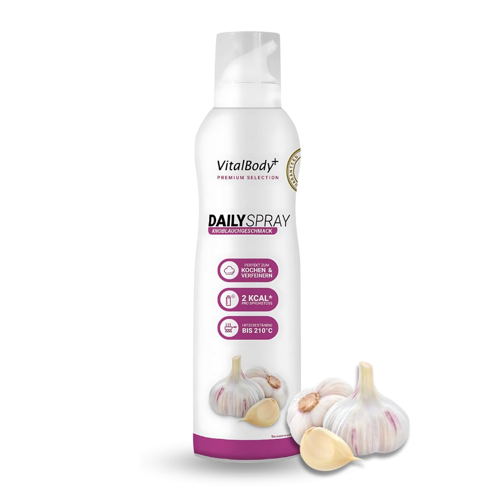 VitalBody+ DailySpray Rapsöl mit Knoblauchgeschmack – 2 kcal Ölspray für Airfryer, Braten & Grillen – Kalorienarm Kochen – Non-stick Cooking Spray, 800 Portionen