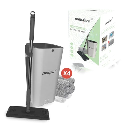 New Compact Shine - Kit de fregona con cubo escurridor, escoba giratoria, mango telescópico INOX, lavar todo tipo de suelo, 4 fregonas reutilizables y lavables