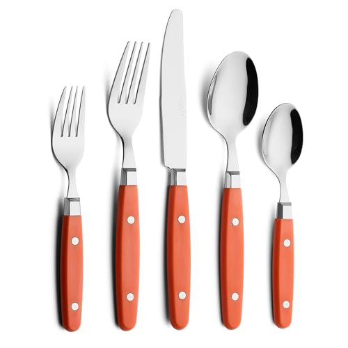 ANNOVA Ensemble de couverts/couverts en acier inoxydable avec poignées de couleur et rivets/style rétro. (Orange, 20 Pieces)