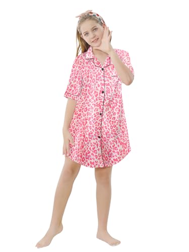 Image of Schbbbta Girls & Women Silk Nightgown, Short Sleeve Button Down Satin Nightshirt Pajama House Dress, 3 Years- Women 2XL