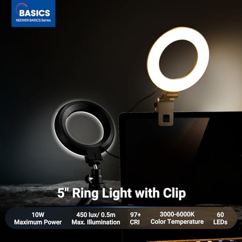 Image of NEEWER Basic 5 inch Ring Light for Video Conference Lighting, Clip on Light Kit with Desk Tripod Stand for Monitor Laptop Computer Zoom Call Live Streaming Remote Working Learning Video Recording, BR60