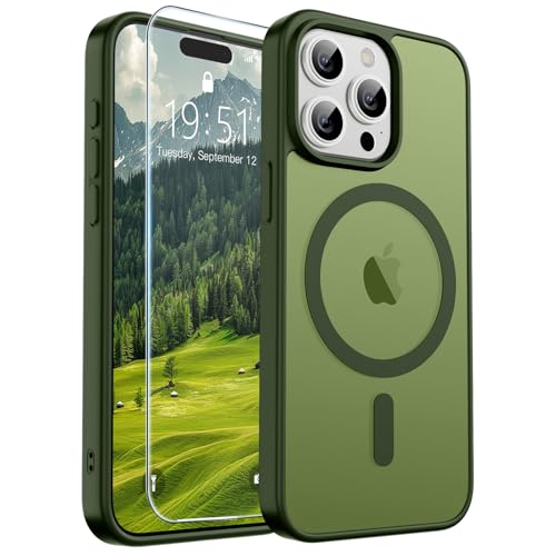 Image of SUPFINE Magnetic for iPhone 15 Pro Case (Compatible with MagSafe) (Military Grade Drop Protection) Translucent Matte Shockproof with Anti-Fingerprint Phone Case,Cangling Green