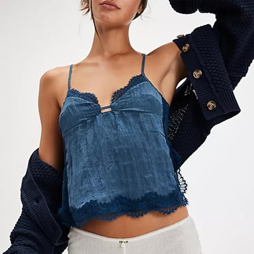 Women Lace Trim Cami Spaghetti Strap Deep V Neck Tie Back Slim Fit Basic Going Out Tank Tops Camisole Streetwear2