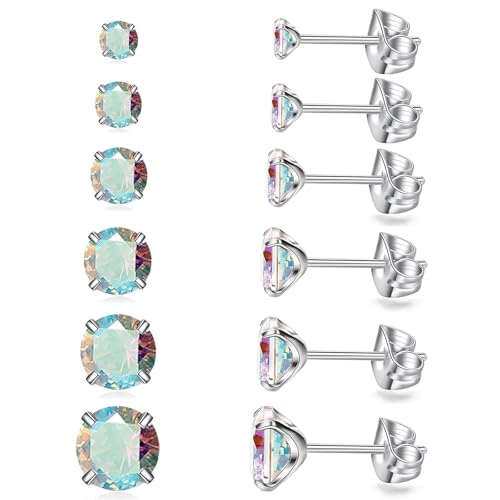 6 Pairs Stud Earrings Set Hypoallergenic Cubic Zirconia Earrings 316L Stainless Steel CZ Earrings 3-8mm (A-Aurora Borealis CZ)