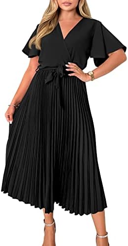 PRETTYGARDEN Summer Wrap V Neck Semi Formal Dresses for Women 2023 Wedding Guest Short Sleeve Black Pleated Midi Dress (Black, Medium)