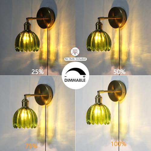Image of HuisMier Dimmable Plug in Wall Sconces, Vintage Green Tulip Glass Lampshade Wall Light with On /Off Switch, Modern 180 Degree Adjustable Brass Wall Sconces for Bathroom Bedroom Hallway, Plug in