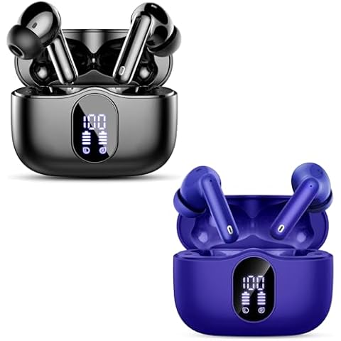 2 Sets Wireless Earbuds, Bluetooth 5.3 Headphones Bass Stereo, Ear Buds with Noise Cancelling Mic LED Display, IP7 Waterproof in Ear Earphones, 36H Playtime for Laptop Pad Phones, Black+Dark Blue Cover