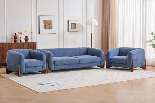 Image of Upholstered 3 Seater Sofa Three Seater Sofa with Wooden Legs for Living Room Hotels & Offices (Boucle Blue 3+1+1 Sofa Set)