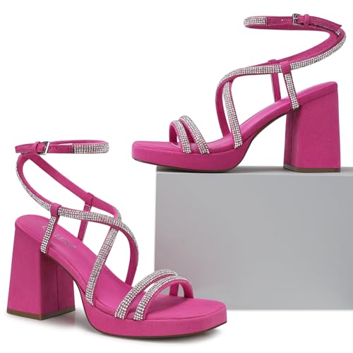 Image of CELLENZ Women Chunky Platform Heels: 3.9 Inch High Heel Prom, Wedding, Party, Square Open Toe Heeled Sandals, Strappy Comfortable Sexy Dressy Heels