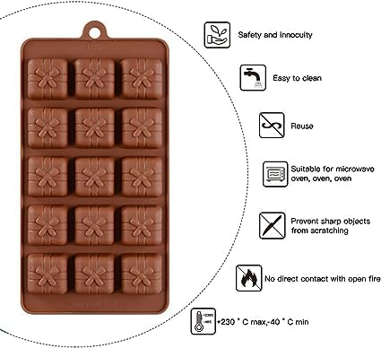 Image of MoldBerry Chocolate Mould Gift Box Making Silicone Chocolate Mold for Cake, Brownie Topper, Hard & Soft Candies, Gummy, Jelly, Keto Fat Bombs Square Shapes in Brown Trays