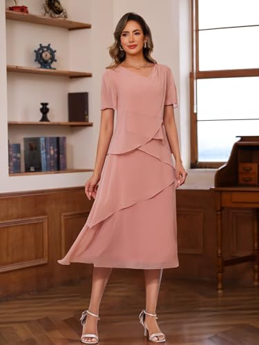 Women’s Chiffon Mother of The Bride Dresses 2025 Tea Length Formal Dress with Ruffles LN1623