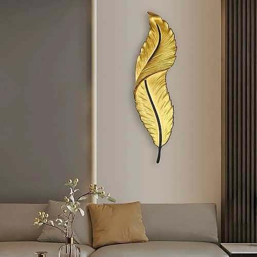 Image of Resin Antique Feather Wall Sconce|Snowy Quill Decorative Wall Light for Living Room, Hallway, Kitchen & Office- Warm White, Cool White, Natural White (Golden+Black)