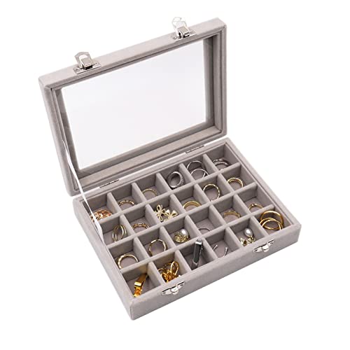 24 Fächer Schmuckkästchen,Jewelry Organizer Ring Schmuckkästchen Ringe Ohringaufbewahrung,Samt Schmuckbox Schmuckdisplay mit Glasdeckel für Damen Mädchen Cover