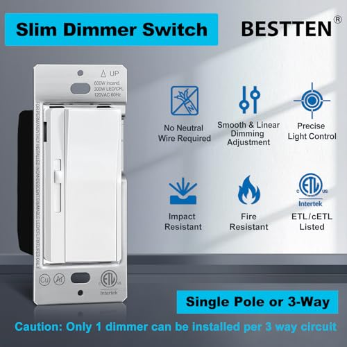 Image of BESTTEN 24 Pack Super Slim Dimmer Light Switch for 300W Dimmable LED /CFL Lights and 600W Incandescent /Halogen, Single Pole /3-Way LED Slide Dimmer, ETL Listed, White