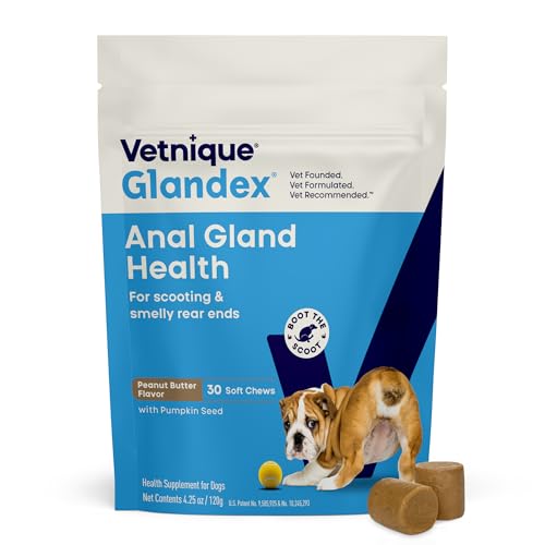 Vetnique Glandex Anal Gland Soft Chew Treats with Pumpkin for Dogs Digestive Enzymes, Probiotics Fiber Supplement for Dogs Boot the Scoot (30ct, Peanut Butter Chews)