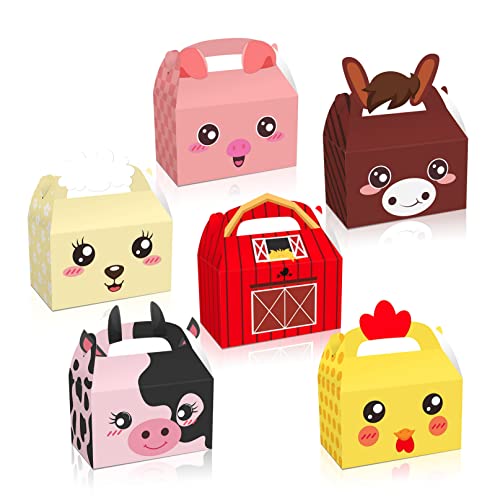 Paquete de 12 cajas de regalo de fiesta de animales de granja, cajas de golosinas de animales de corral con asa, cajas de regalo de fiesta con estampado de pollito de vaca para cumpleaños