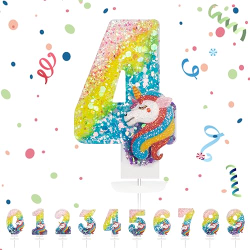 Velas de Aniversário Números 4, Vela 3D Unicórnio Arco-íris, Vela de Número 4 de Pastel Decoração, Aniversários, Chá de Bebé de Aniversário