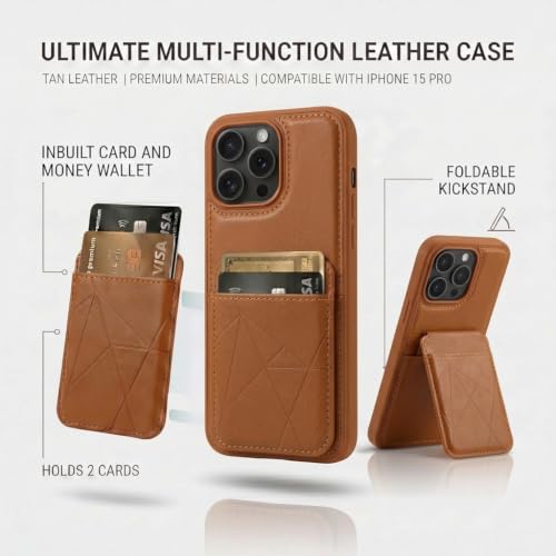 Image of amazon basics Premium Vegan Leather Back Cover with Card Holder and Integrated Mobile Stand for iPhone 15 Pro - Slim Shockproof Wallet Case with Geometric Stitching [Tan]