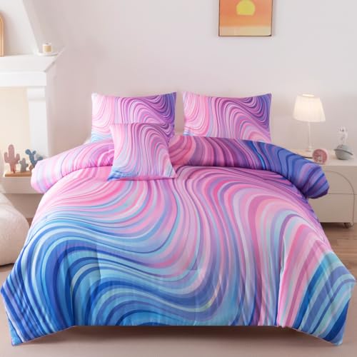 Image of Full Bedding Set for Girls, Tie Dye Superior Girls Comforter Set, Blue Pink Purple Full Size Bedding Sets
