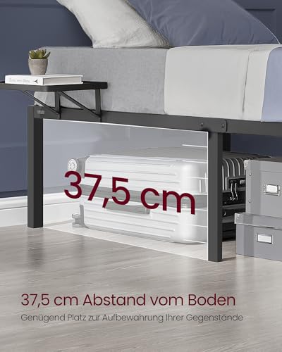 VASAGLE Bett 140 x 200 cm, Gästebett mit Aufbewahrungsregalen, Doppelbett, Bettgestell aus Metall, Bettrahmen, Metallbett, einfache Montage, klassikschwarz RMB094B01