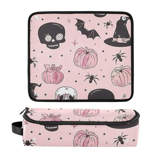 Bolsa de viaje GuoChe para herramientas de cabello con tapete resistente al calor desmontable con calaveras y calabazas miniatura 3