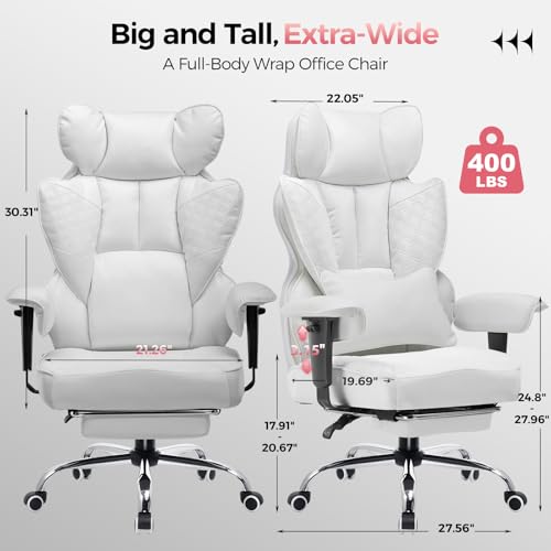 GTRACING Big and Tall Gaming Chair 400lbs Heavy Duty Office Chair with Foot Rest & Ergonomic Pocket Spring Lumbar Support, High Back 3D Saddle Shaped Cushion for Back Pain Relief, White