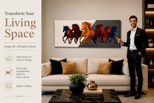 Image of 7 Horse Vastu Sunrise Canvas Painting | Positive Energy Wall Decor | Big Size Premium Running Horses Artwork for Home, Office & Hall Decoration (Modern, Red Black Horse, 44x20 Inch)