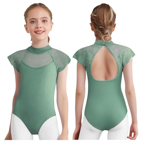 Yeahdor Kids Girls Gymnastics Leotard One Piece Practice Clothes Ballet Dance Bodysuit Sheer Mesh Training Suit Green 7-8 Years