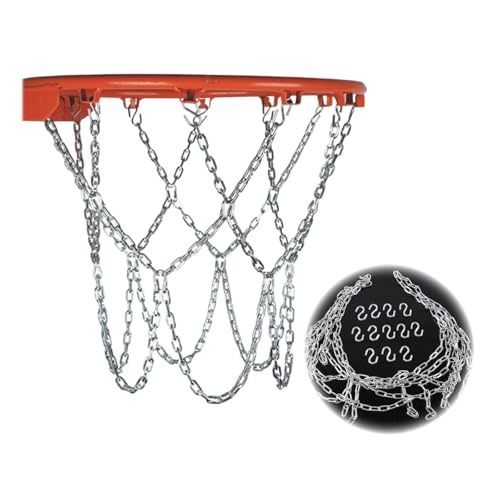 LNGJIN Metall Basketballnetz, 12 Hooks, Wetterfest, Outdoor, Indoor, Silberfarben, Basketball, Kettennetz, Ersatznetz, Langlebiges