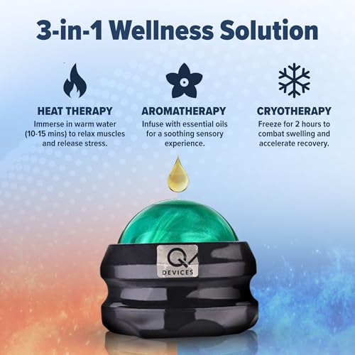 Image of Q DEVICES Cold & Hot Massage Roller Ball - 3-in-1 Muscle Recovery Tool for Cryotherapy, Heat & Aromatherapy - Ice Roller for Plantar Fasciitis, Muscle Knots, Neck & Back Pain Relief - Blue