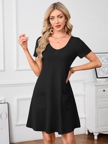 Image of Heymoments Summer Dresses for Women Short Sleeve V Neck Swing Sundress Casual A-Line Flowy Dress with Pockets S-2XL