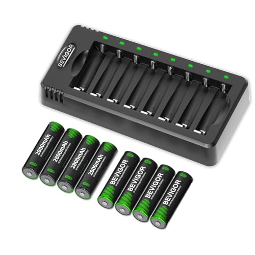 BEVIGOR Pilas Recargables AA Ni-MH, 8 Unidades De Pilas AA con Cargador De 8 Posiciones para Carga Rápida