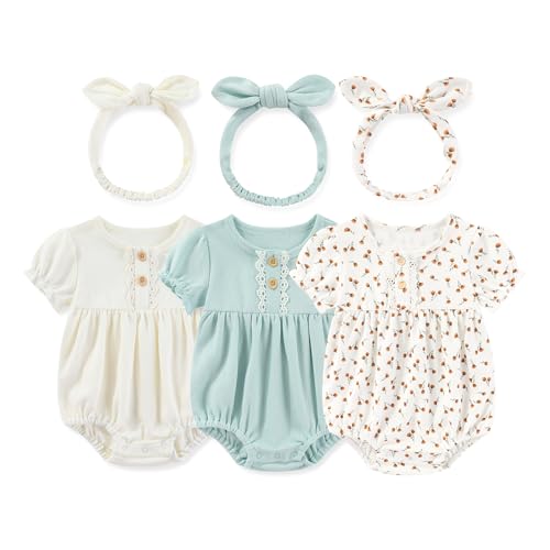 Image of MAMIMAKA Newborn Baby Girl Clothes Cotton Bubble Romper Floral Short Sleeve Bodysuit 3 Pack